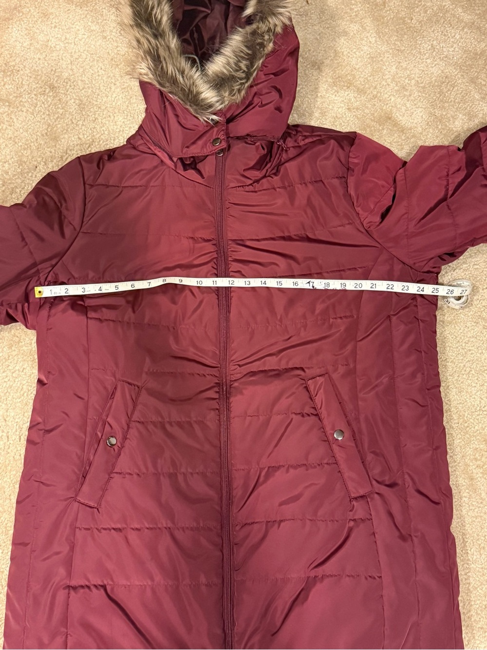 St. John’s Bay Quilted Wine-Red Puffer Coat with Faux-Fur Hood - Picture 5 of 5